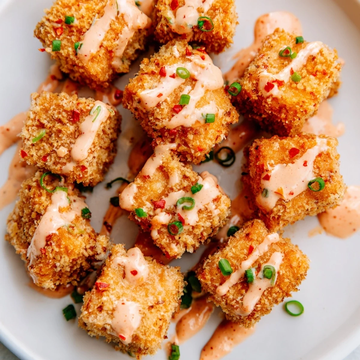 Crispy pan-fried salmon pieces tossed in spicy mayonnaise sauce served on white plate