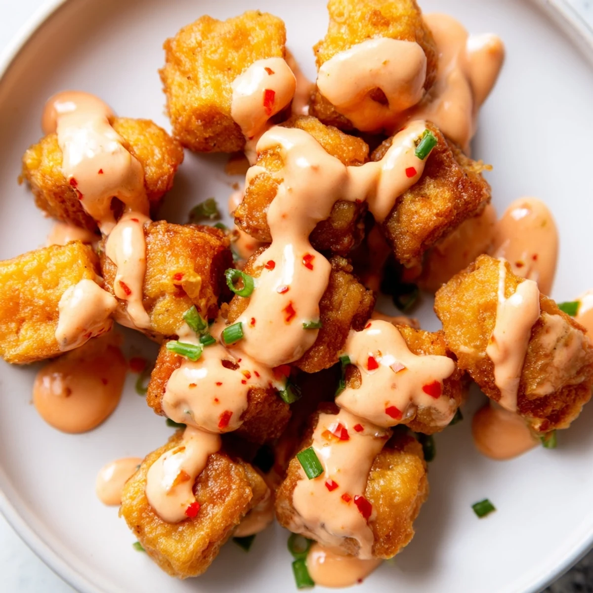 Tender fried salmon cubes drizzled with sweet chili Bang Bang sauce and fresh green onion tops