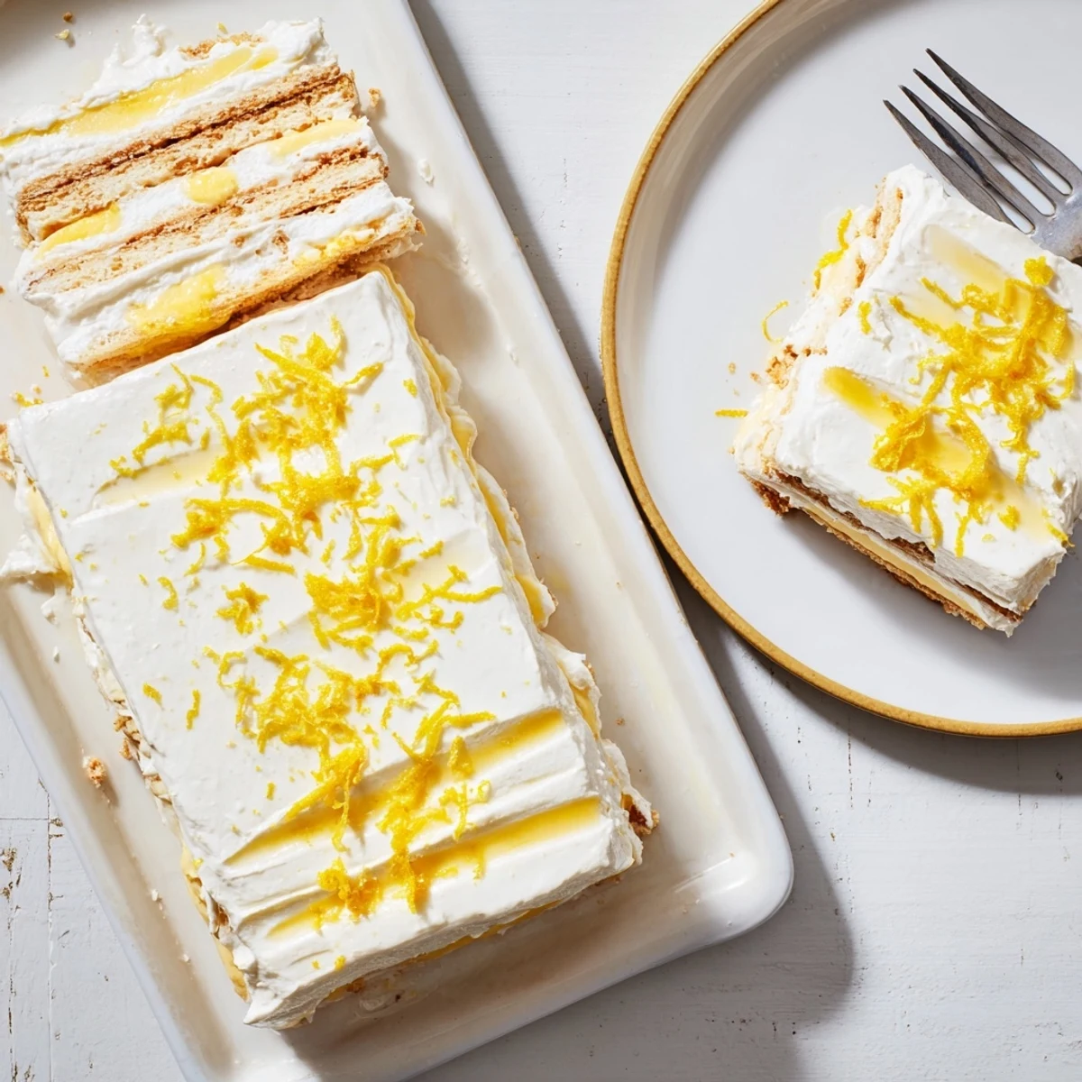 Golden no bake lemon eclair cake sliced square with creamy lemon pudding layers between honey graham crackers, topped with a glossy white lemon glaze and fresh lemon zest garnish on a white dessert plate
