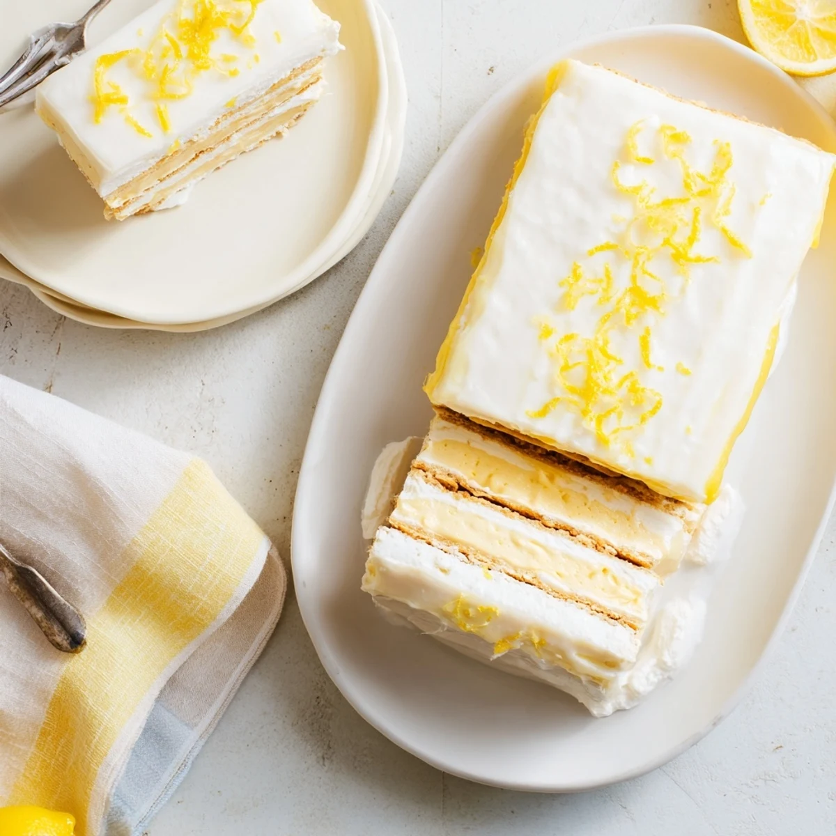 Thick rectangular no bake lemon eclair cake displaying alternating whipped cream and graham cracker stripes, finished with a drizzled lemon sugar glaze and served chilled on a rustic wooden board