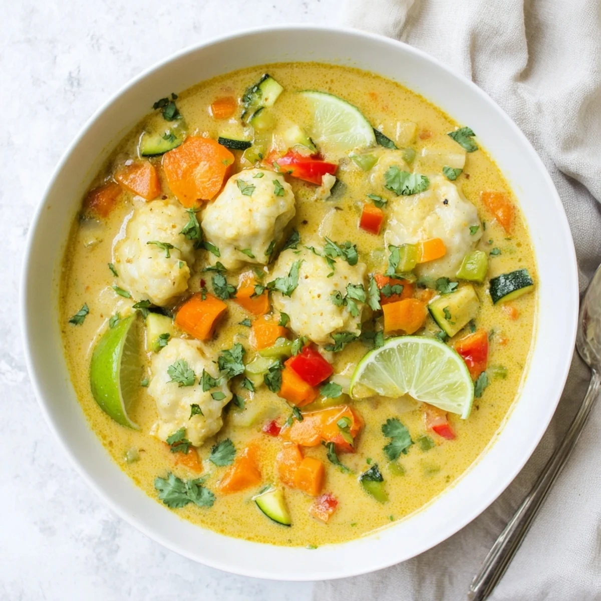 Creamy coconut curry soup with fluffy homemade dumplings garnished with fresh cilantro and lime