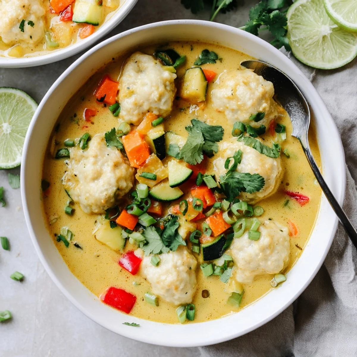 Steaming bowl of coconut curry soup with pillowy dumplings topped with green onions and cilantro