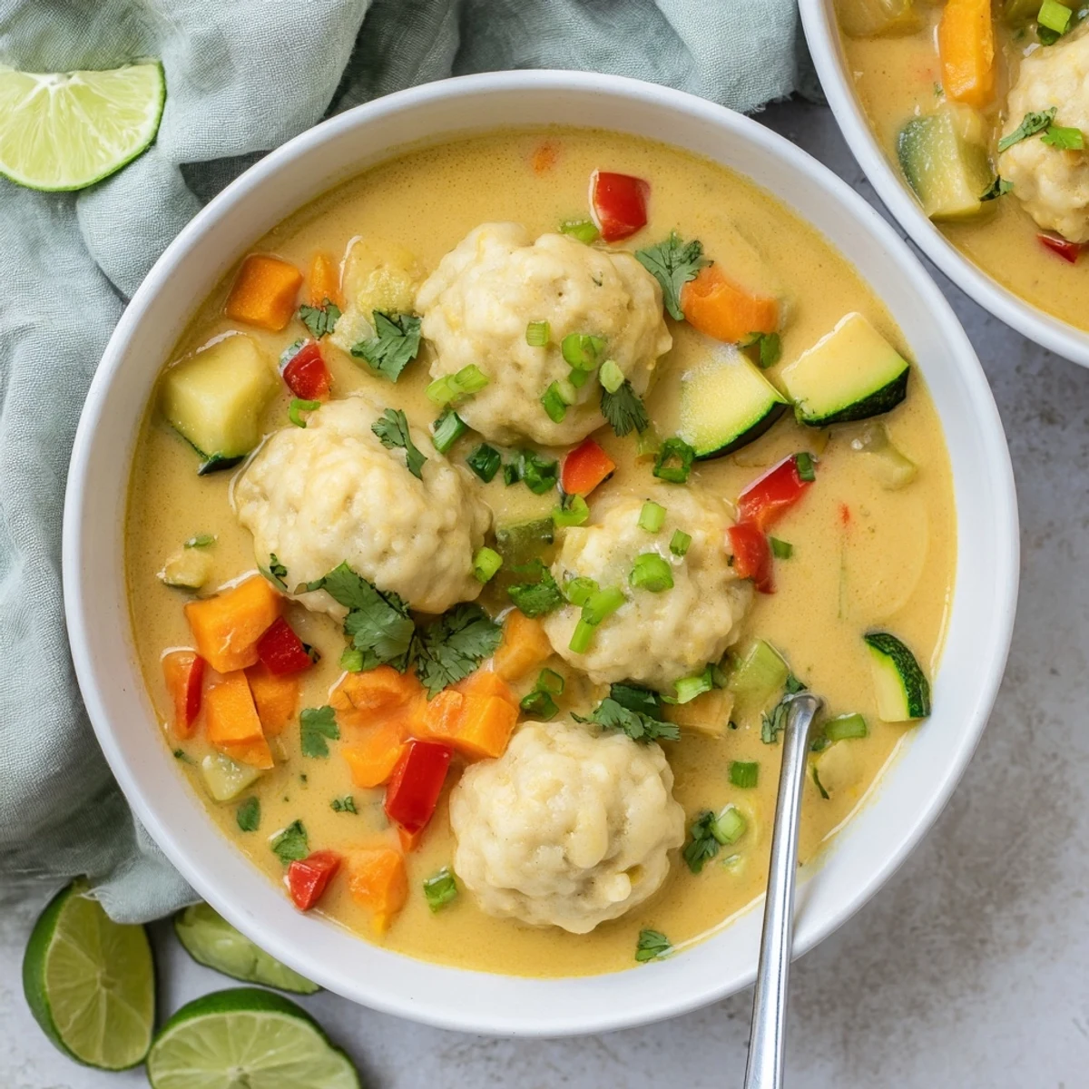 Golden curry soup featuring tender dumplings floating in aromatic coconut broth with colorful vegetables