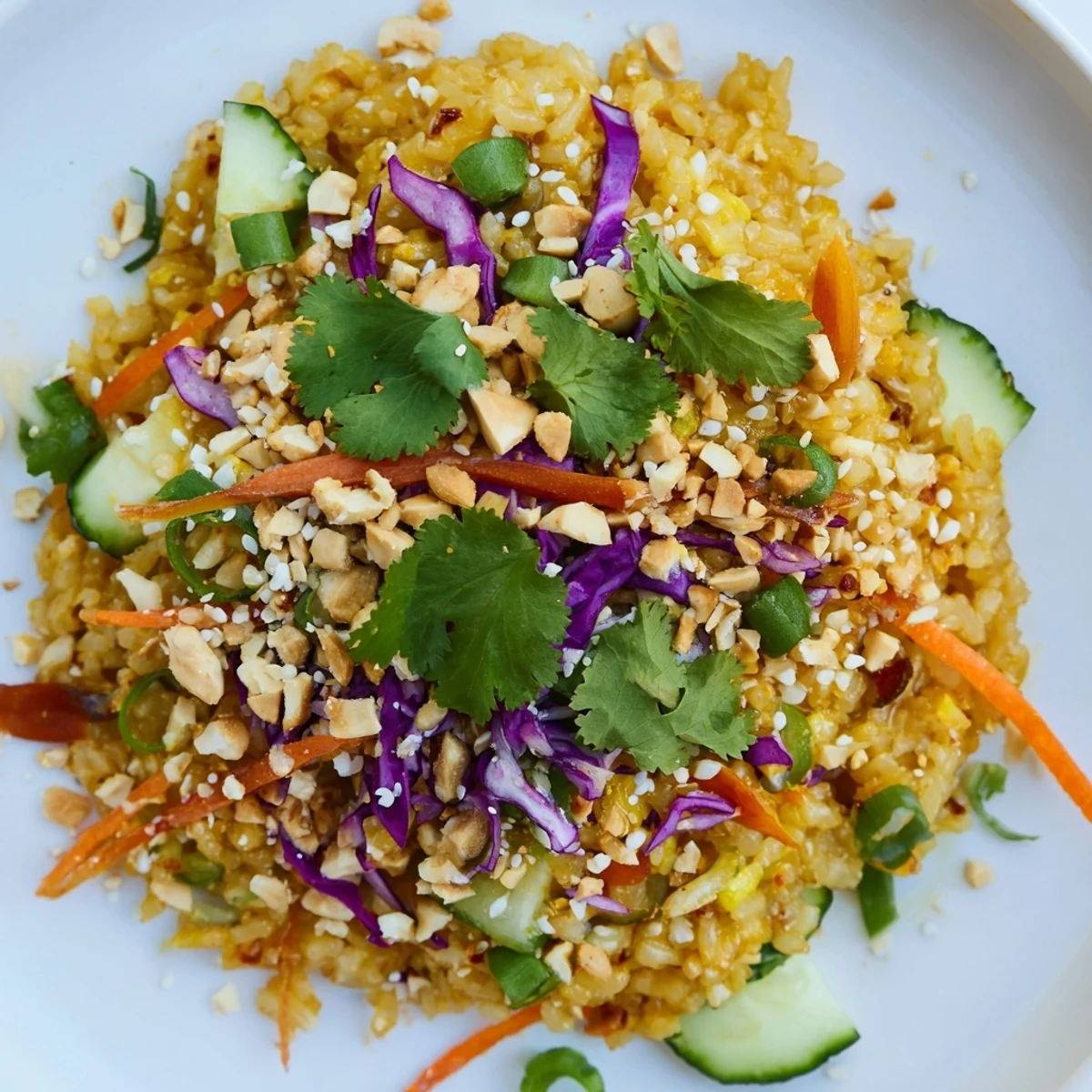 Vibrant purple cabbage and cucumber topping crispy fried rice with rich peanut sauce and crushed peanuts