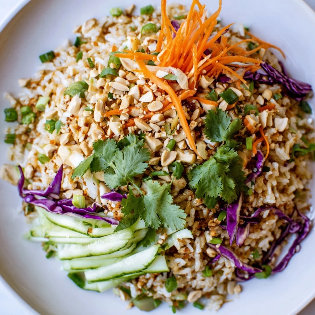 Golden crispy rice salad with crunchy vegetables drizzled with creamy peanut sesame dressing in a white bowl