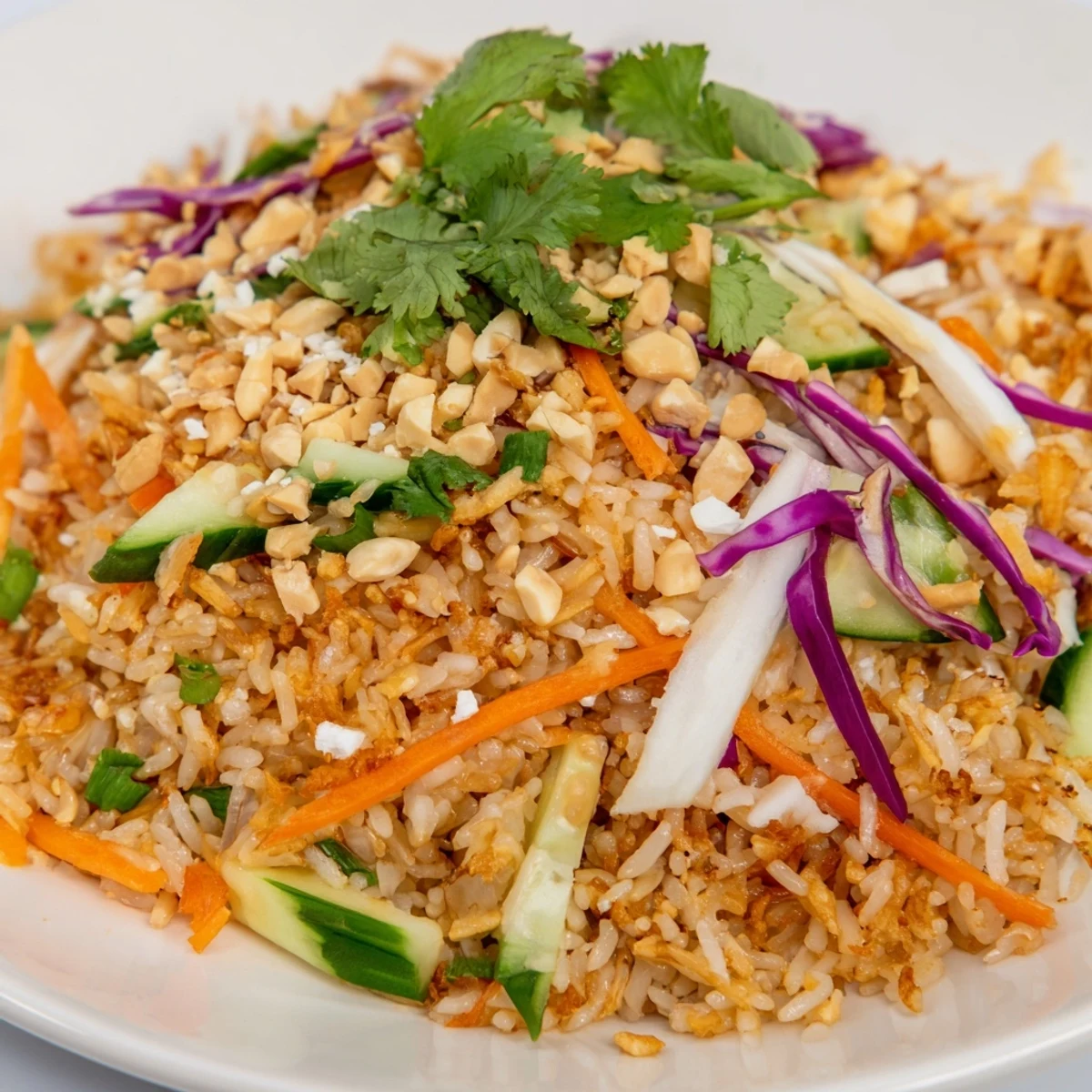 Asian-inspired salad bowl featuring golden crisp rice cubes with fresh veggies and tangy peanut sesame dressing