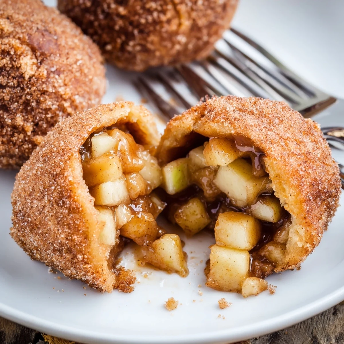 Golden caramel apple pie bombs with cinnamon sugar coating on a white baking sheet