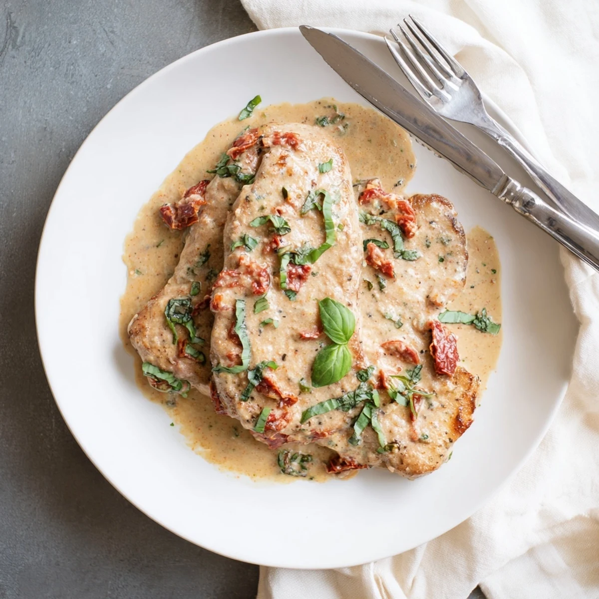 Golden brown Marry Me pork chops resting in a creamy sun-dried tomato parmesan sauce with fresh basil garnish