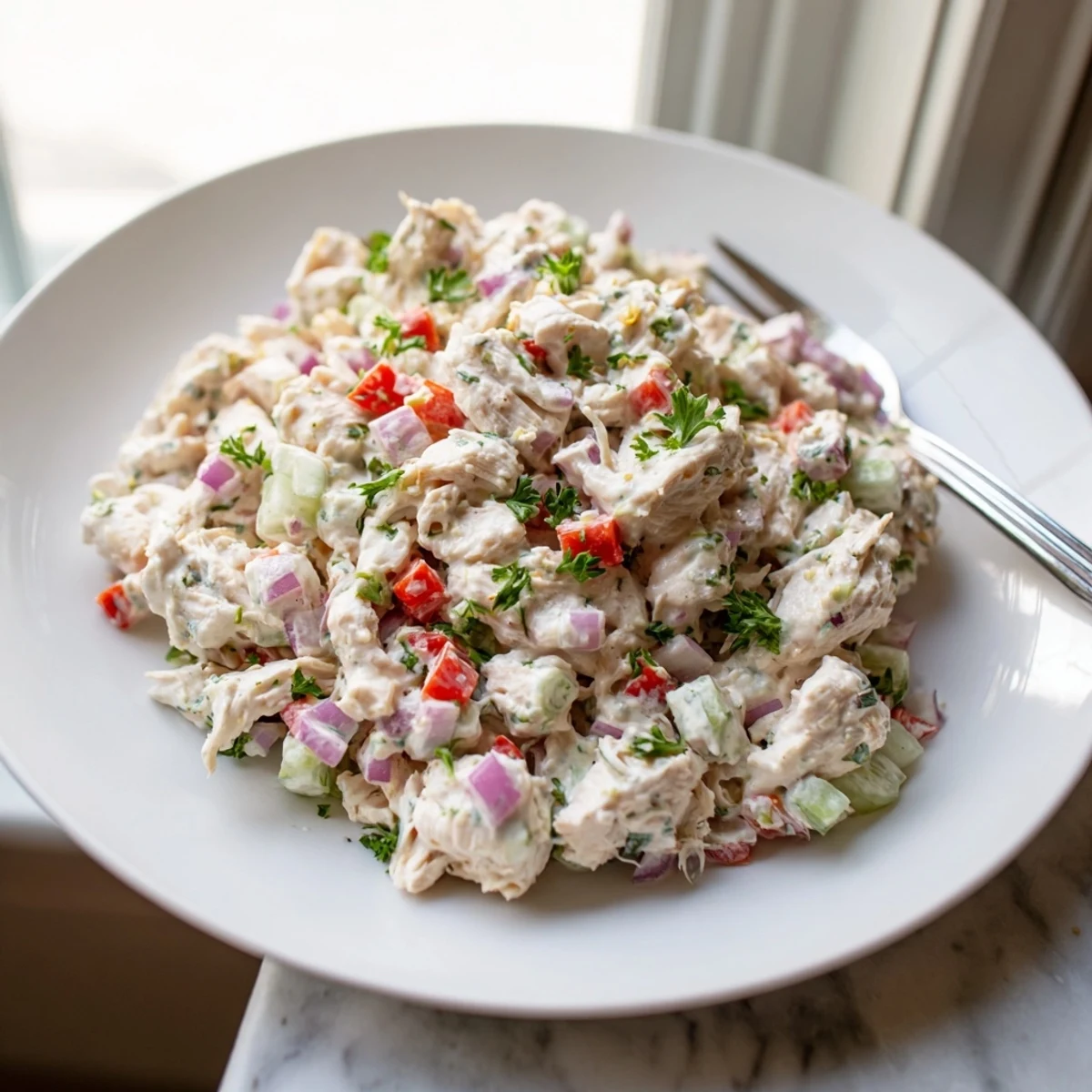 Healthy Greek yogurt rotisserie chicken salad plated on fresh lettuce with dried cranberries and sliced almonds