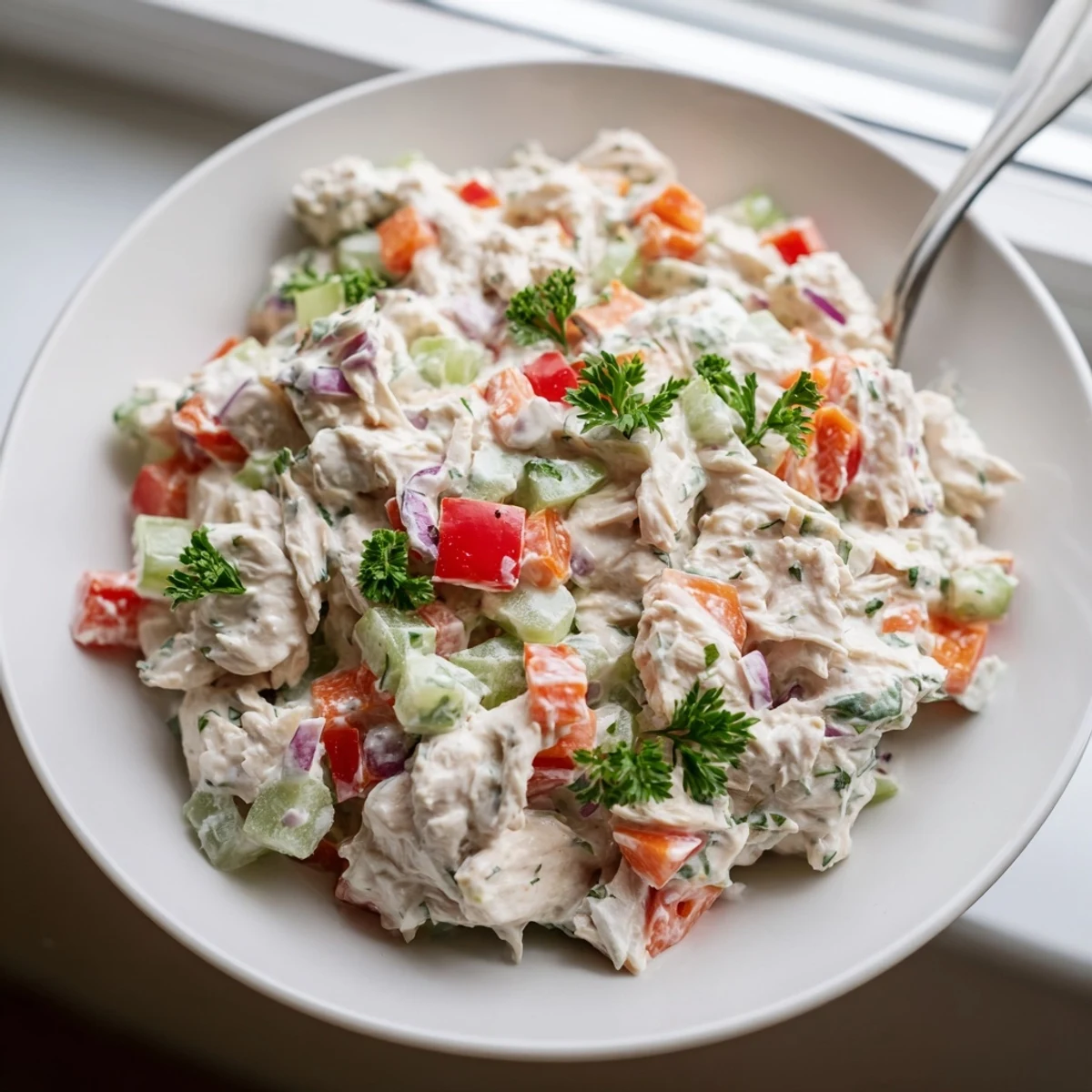 Creamy Greek yogurt rotisserie chicken salad with crisp red bell pepper and celery chunks in a white bowl