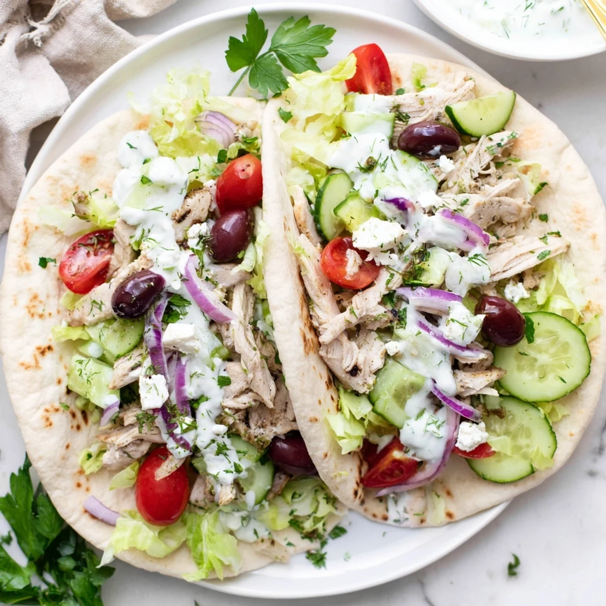 Golden grilled chicken strips layered in warm tortillas with crisp vegetables and creamy yogurt sauce for fresh Mediterranean chicken tacos