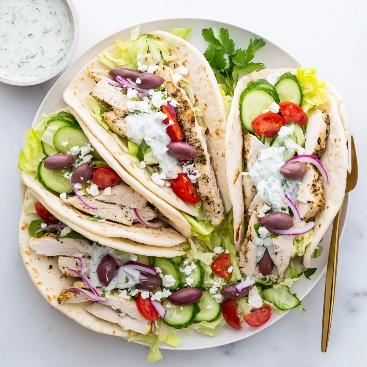 Mediterranean chicken tacos featuring spiced grilled chicken topped with feta cheese olives cucumber and tangy garlic yogurt sauce