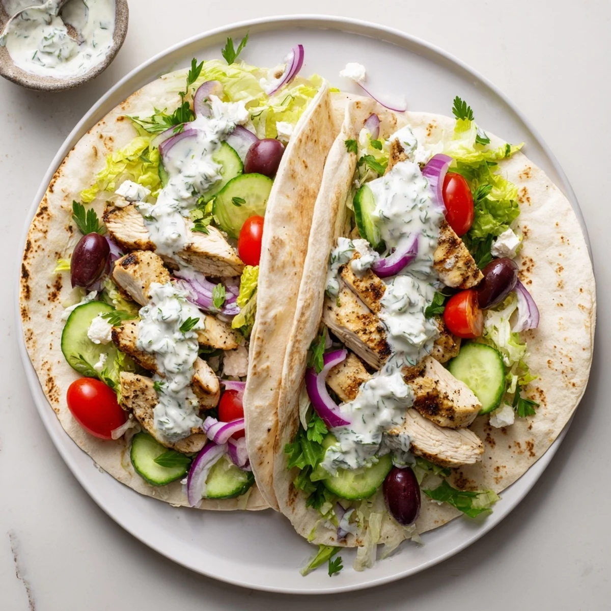 Colorful plate of Mediterranean chicken tacos assembly with juicy chicken fresh tomatoes crisp lettuce and zesty dill yogurt drizzle