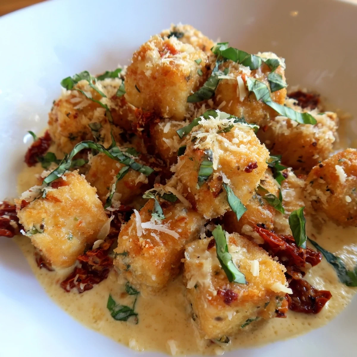 Golden crispy tofu cubes nestled in a rich sun-dried tomato garlic cream sauce with fresh basil garnish