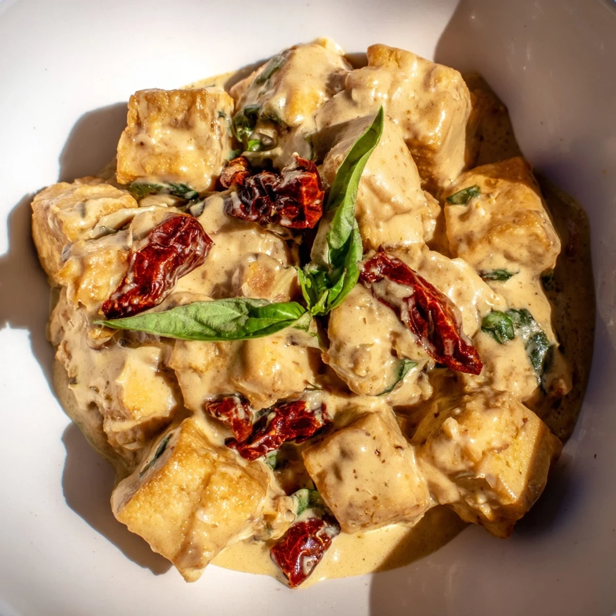 Creamy Marry Me Tofu featuring tender golden brown pieces swimming in savory white sauce dotted with red tomatoes