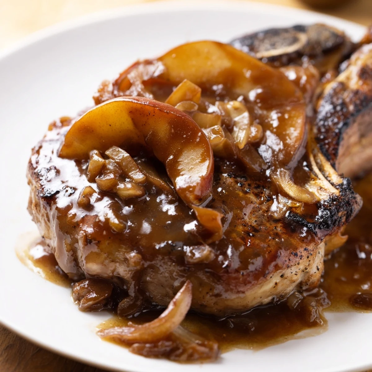 Golden seared pork chops resting in a rich apple butter sauce with tender caramelized apple slices