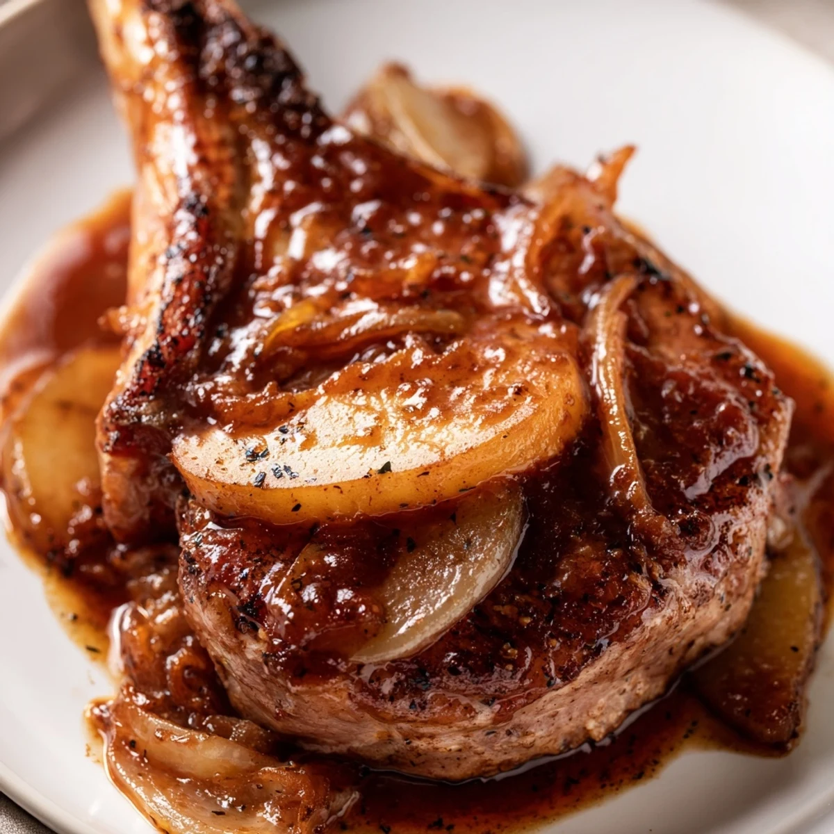Tender apple butter pork chops plated with spiced onion apple topping and glistening glaze