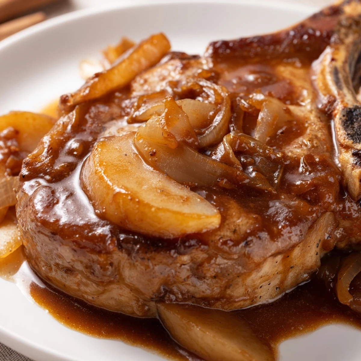 Savory apple butter pork chops simmered in cinnamon skillet sauce with fresh apple garnish