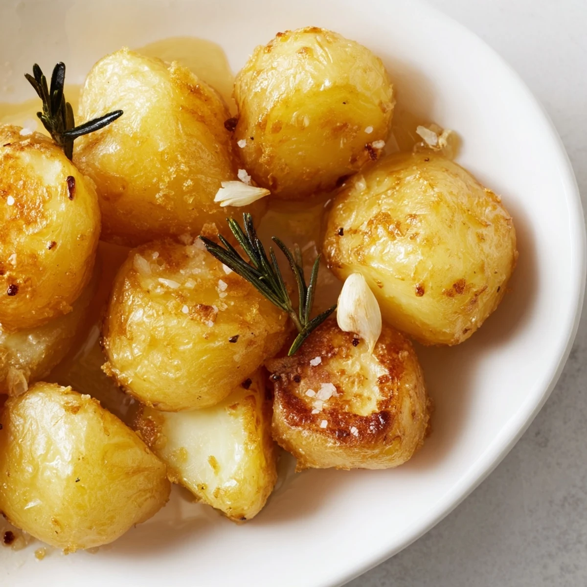 Golden homemade roast potatoes with crispy edges and fluffy centers served on a white platter