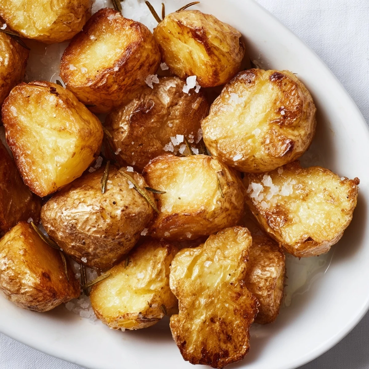 Steam rising from a bowl of fluffy homemade roast potatoes alongside a Sunday roast dinner