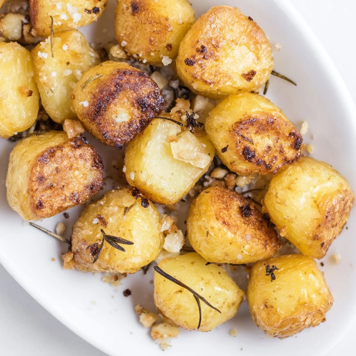 Perfectly roasted homemade roast potatoes sprinkled with sea salt and fresh rosemary sprigs
