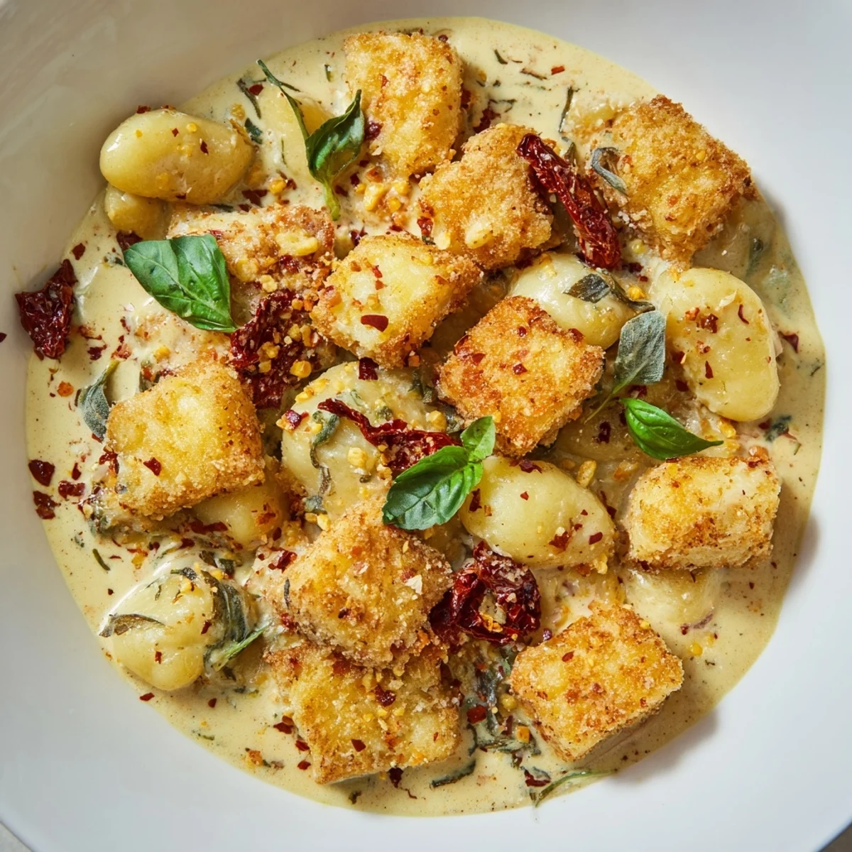 Golden crispy tofu cubes nestled among pillowy potato gnocchi in a rich, creamy sun-dried tomato sauce