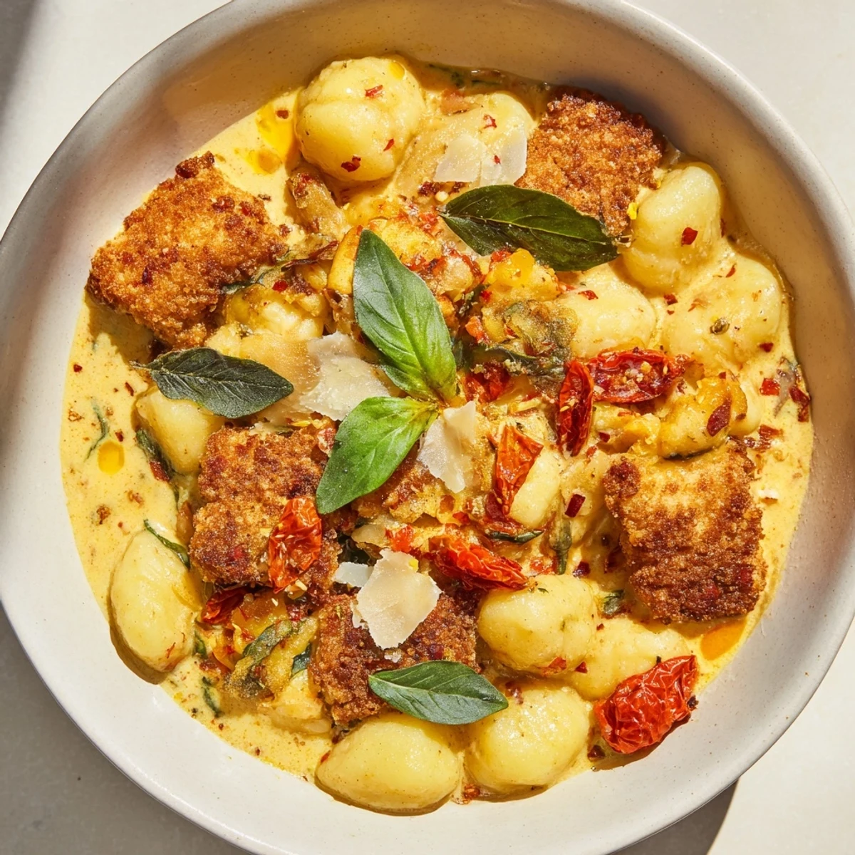 Restaurant-style Marry Me crispy tofu with gnocchi plated in a luscious red-hued cream sauce