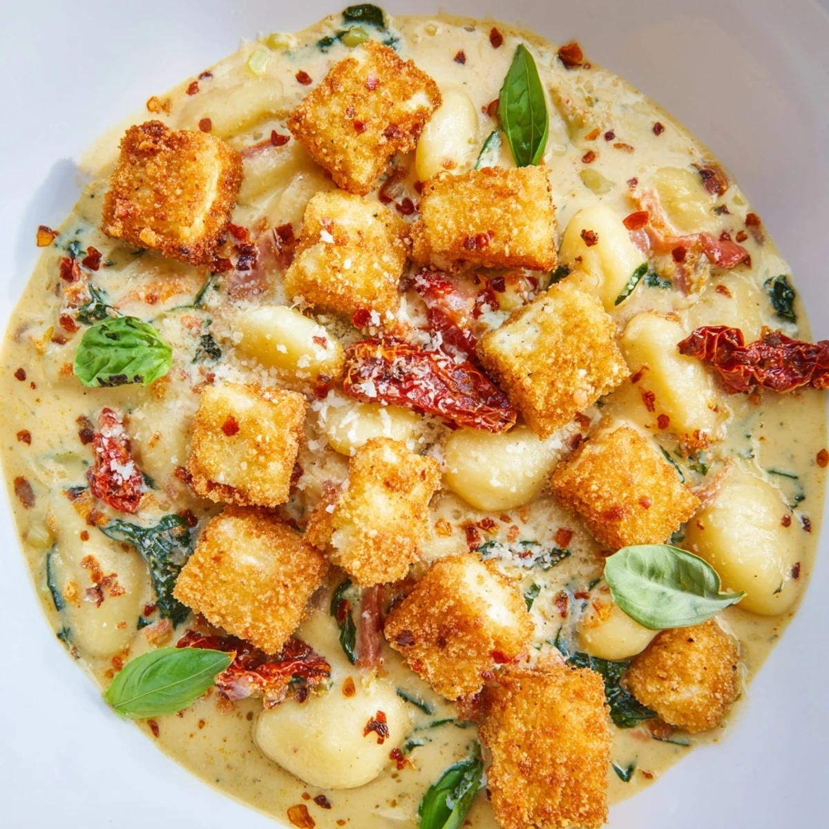 Vegetarian skillet dinner featuring crispy tofu pieces and tender gnocchi coated in flavorful tomato cream sauce