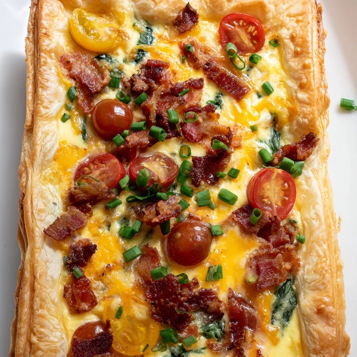 Savory breakfast tart featuring cream-filled eggs, melted cheddar, and fresh garden vegetables