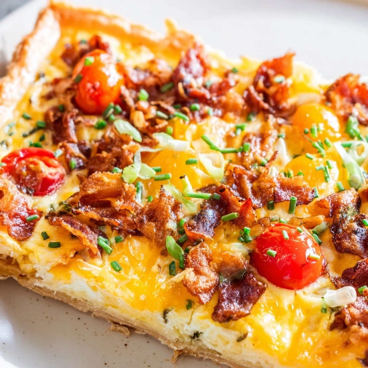 Slice of warm family breakfast tart garnished with chives and colorful cherry tomatoes