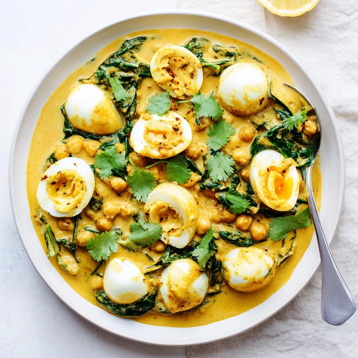 Golden halved eggs nestled in creamy mild egg korma with chickpeas and fresh wilted spinach