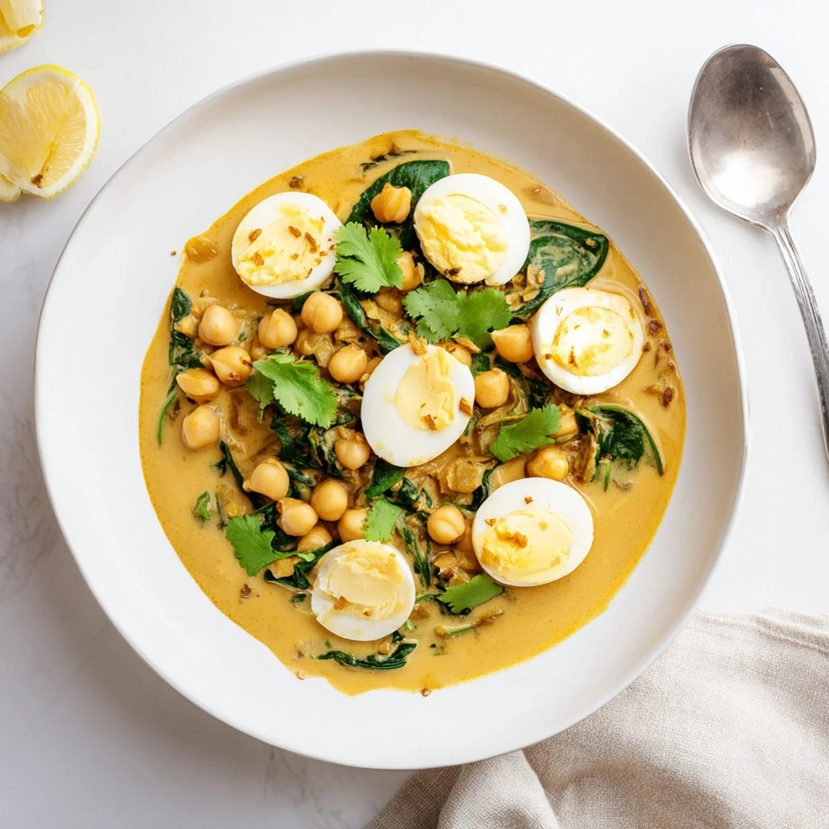 Bowl of fragrant mild egg korma featuring tender eggs, hearty chickpeas, and vibrant green spinach leaves