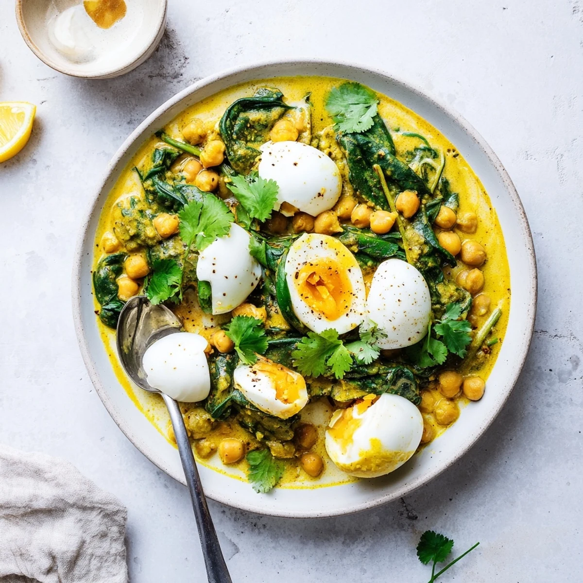 Creamy North Indian mild egg korma curry with halved eggs, spinach, and chickpeas, garnished with cilantro