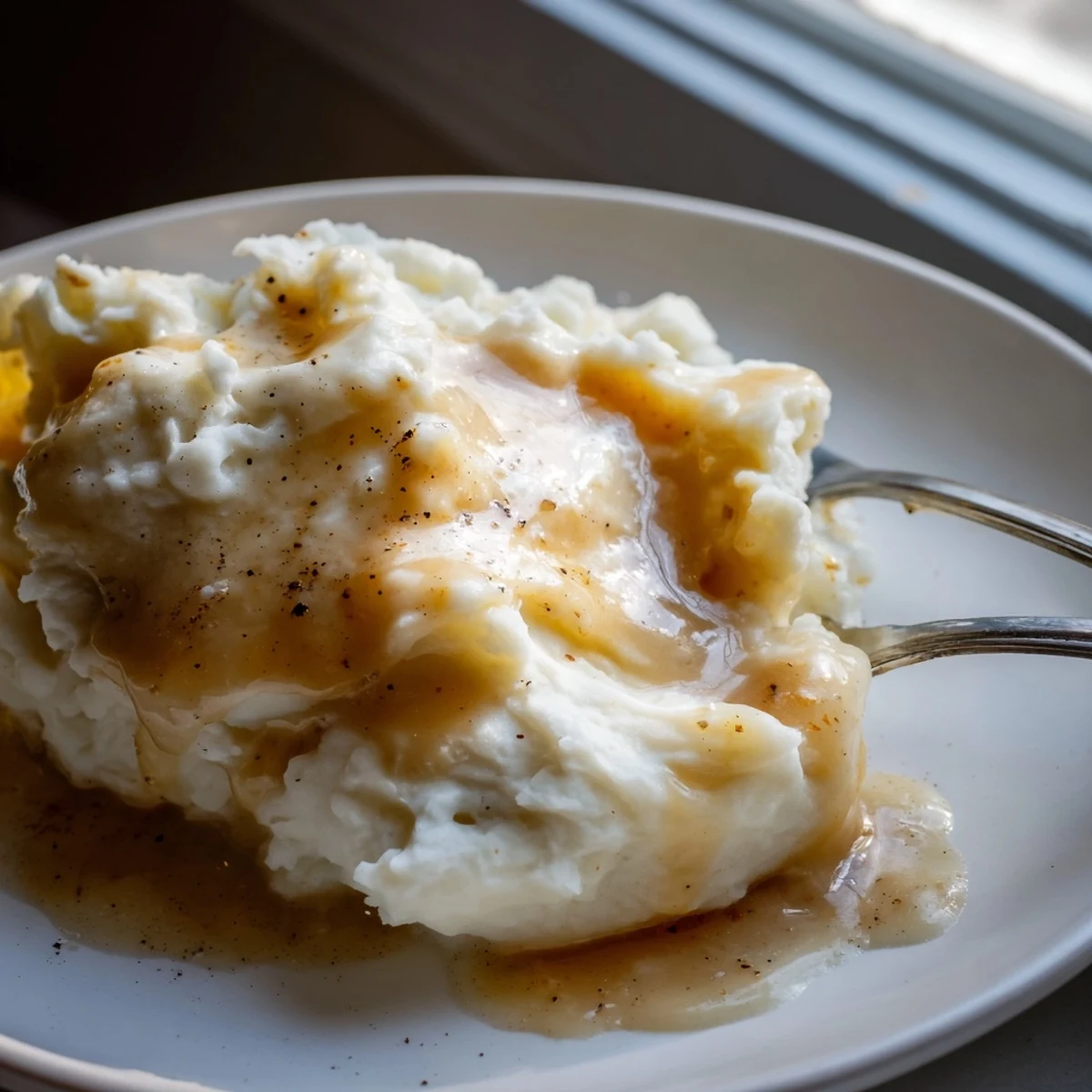Rich savory homemade gravy drizzled generously from a gravy boat onto roast beef dinner