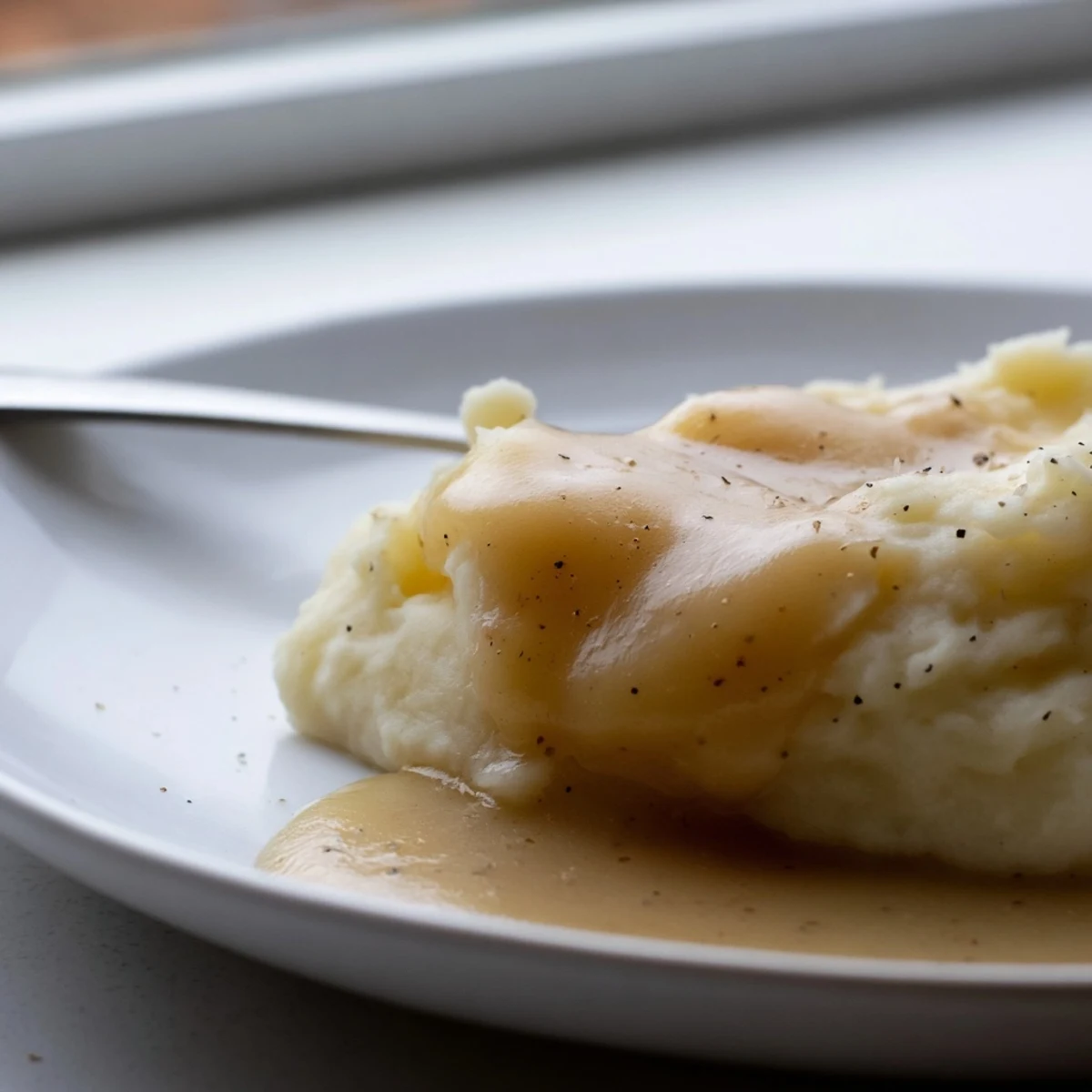 Golden homemade gravy ladled over fluffy mashed potatoes in a white serving bowl