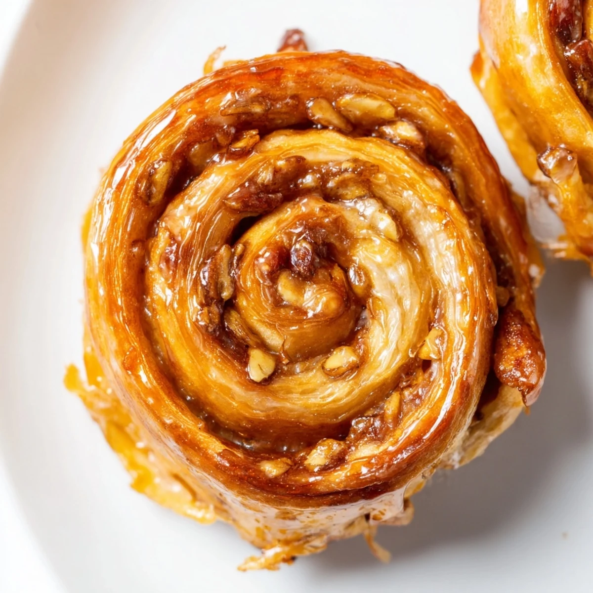 Golden Vietnamese cinnamon date sticky buns dripping with caramel glaze on a serving platter