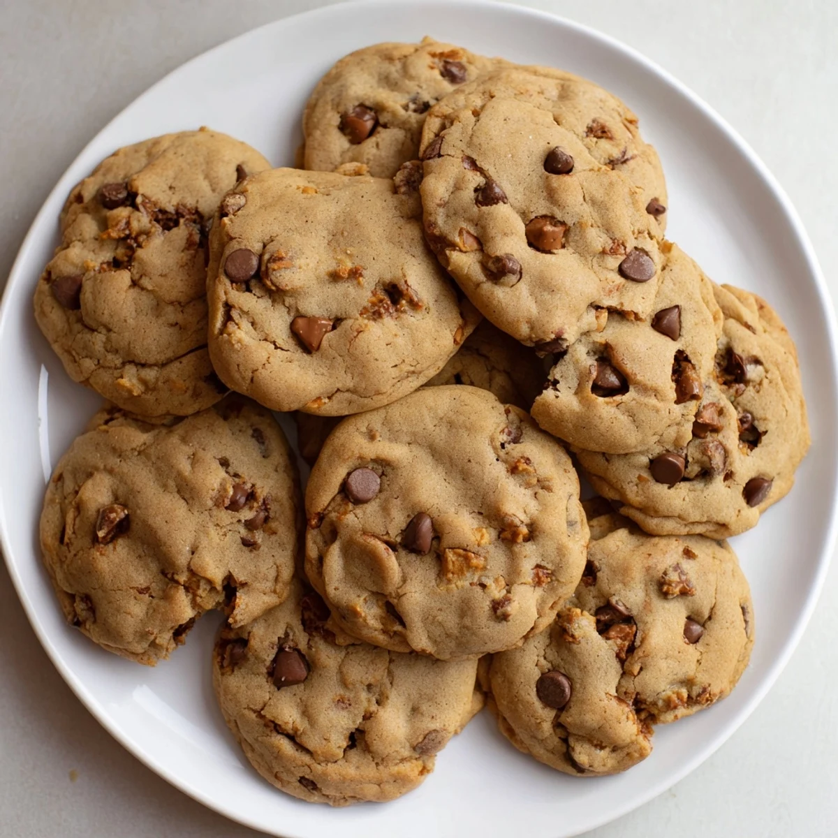 Golden brown pumpkin spice chocolate chip cookies stacked on a white plate with autumn leaves