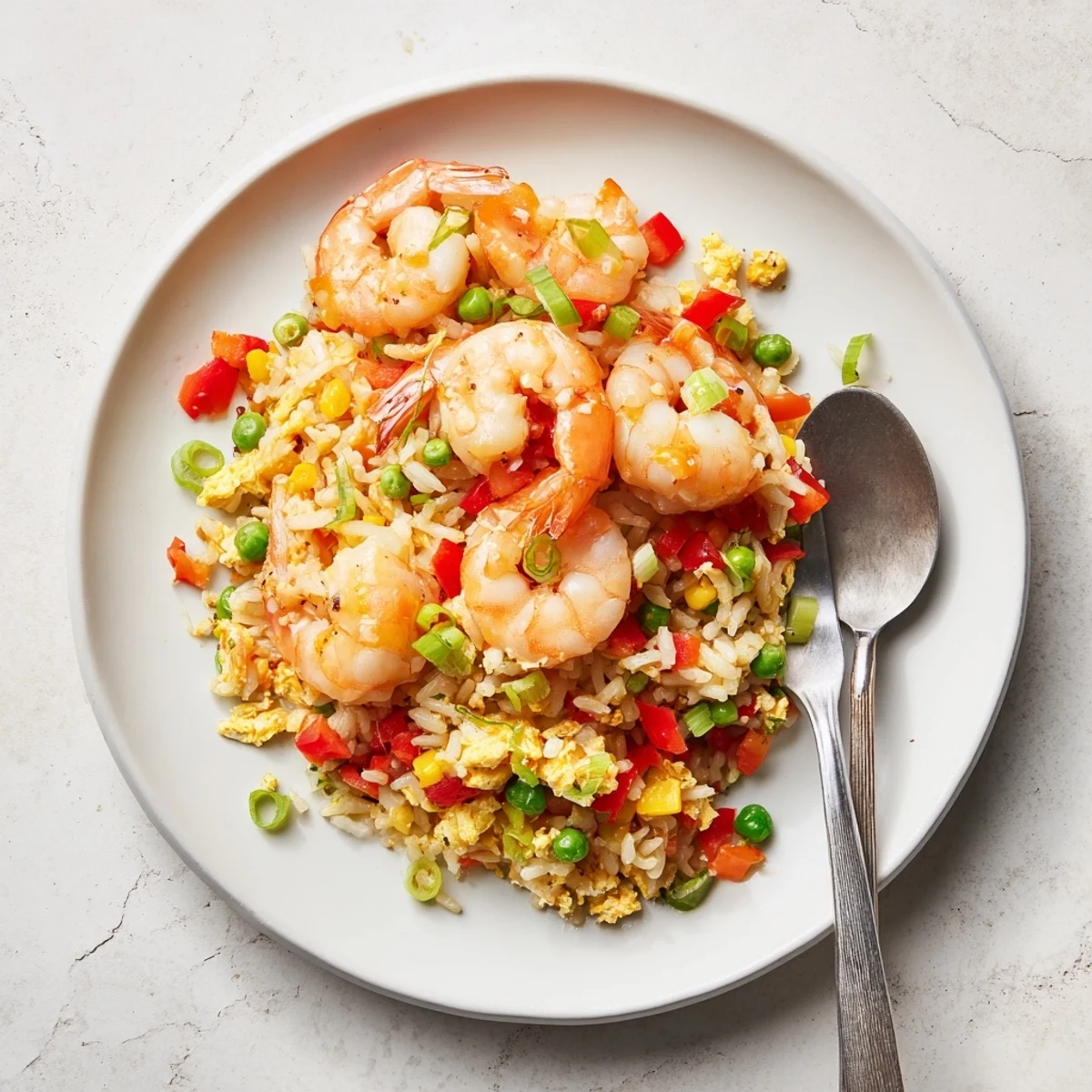 Golden garlic prawns atop vegetable fried rice glazed with sweet chilli sauce