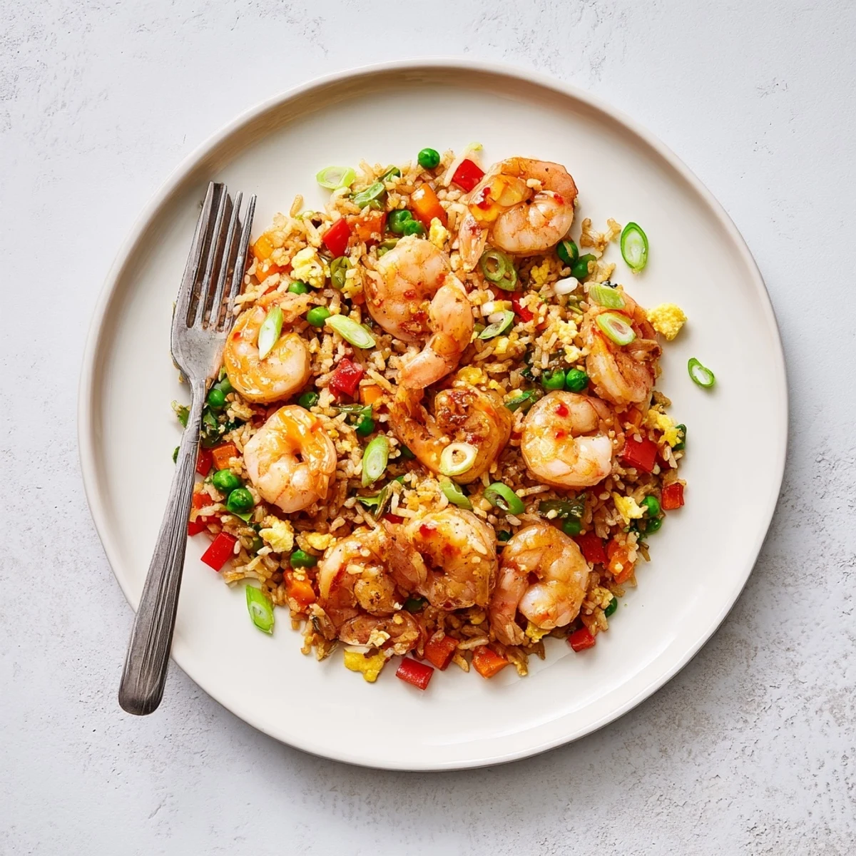 Vibrant plate featuring garlic prawns and sweet chilli fried rice with colorful diced vegetables