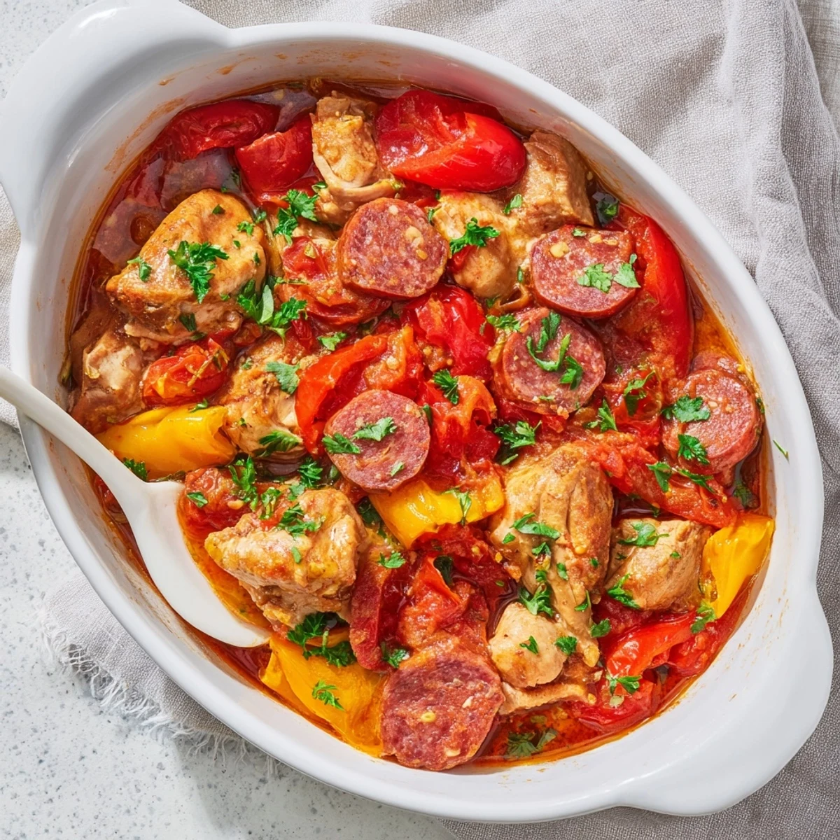 Golden chicken chorizo and tomato casserole bubbling in a Dutch oven with vibrant red and yellow pepper slices