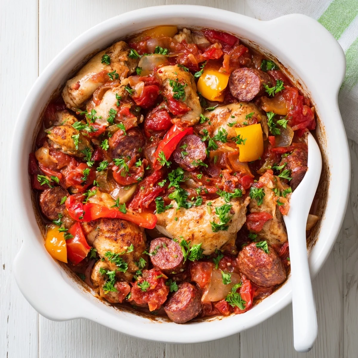 Hearty one-pot chicken chorizo and tomato casserole garnished with fresh parsley and served with crusty bread