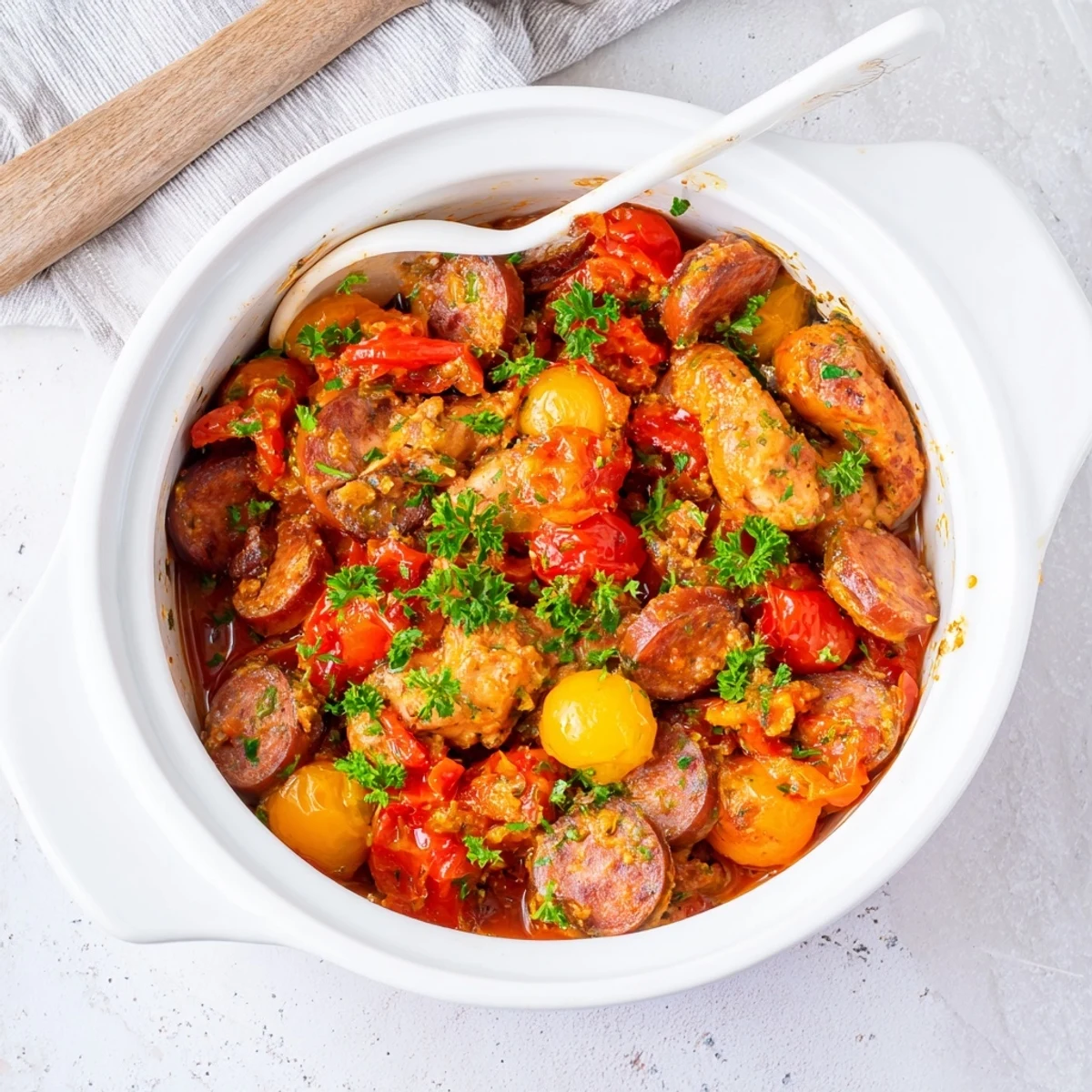 Spanish-style chicken chorizo and tomato casserole featuring tender chunks of meat in rich, smoky tomato sauce