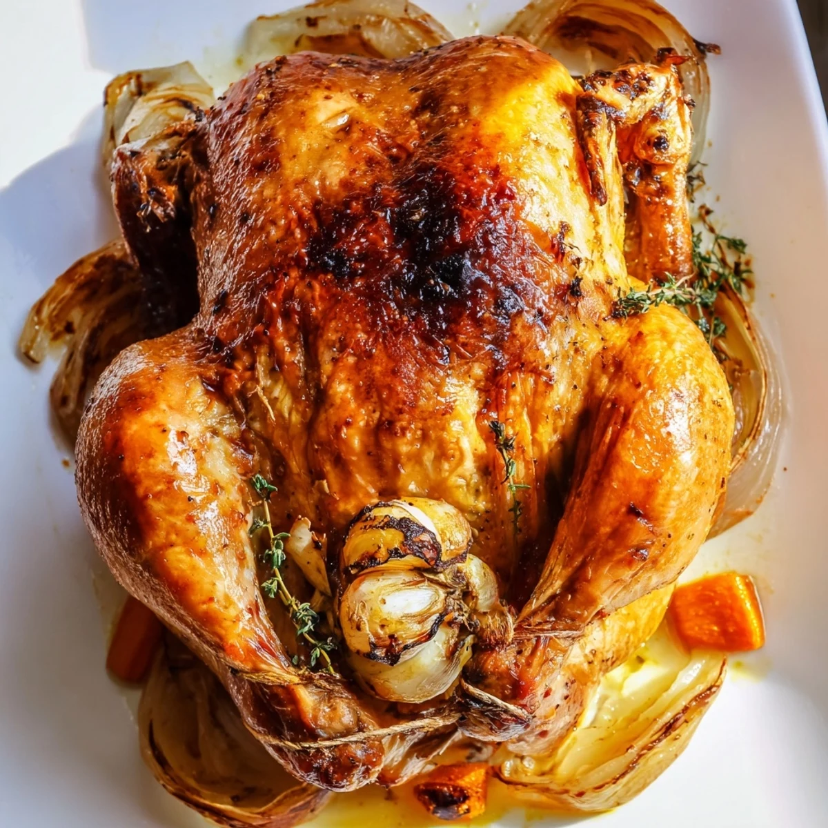 Golden roast garlic and lemon chicken with crispy skin and tender juicy meat on a platter