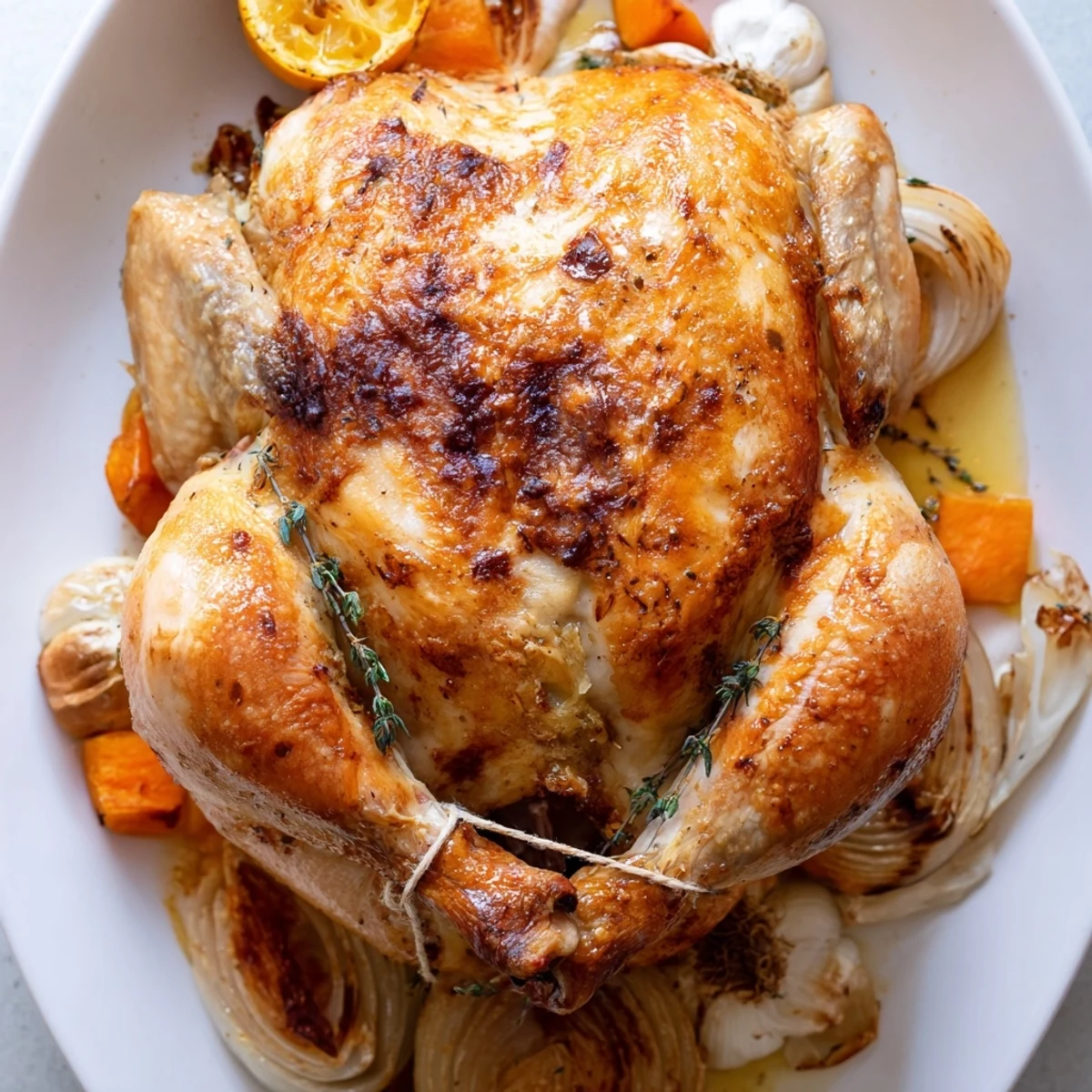 Succulent Mediterranean-style roast garlic and lemon chicken garnished with fresh thyme sprigs on a white serving dish