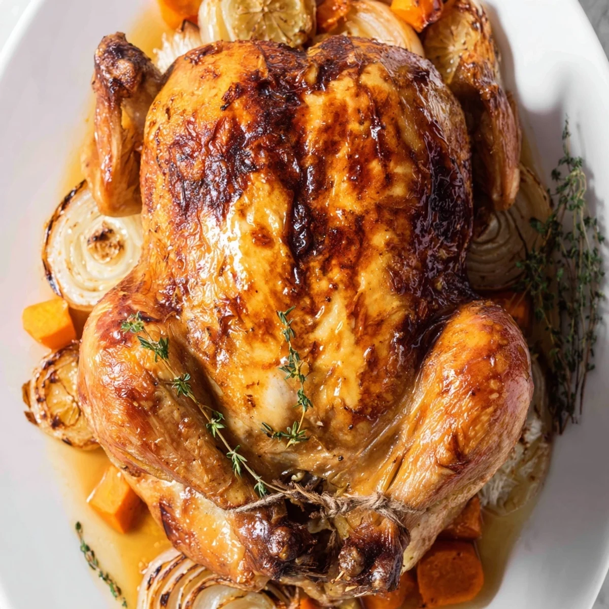 Whole roasted chicken stuffed with aromatic garlic and fresh lemon ready for carving at the dinner table