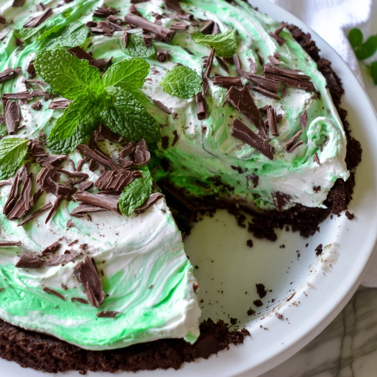 Shamrock Swirl Pie featuring mint cream filling swirled with white whipped topping in chocolate crust