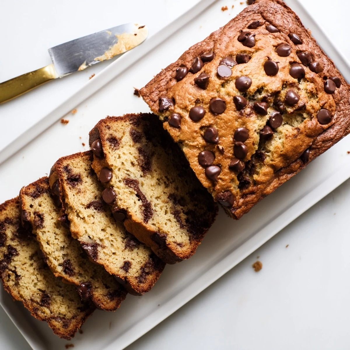 Golden chocolate chip banana bread loaf with melted chocolate chunks on a rustic wooden board