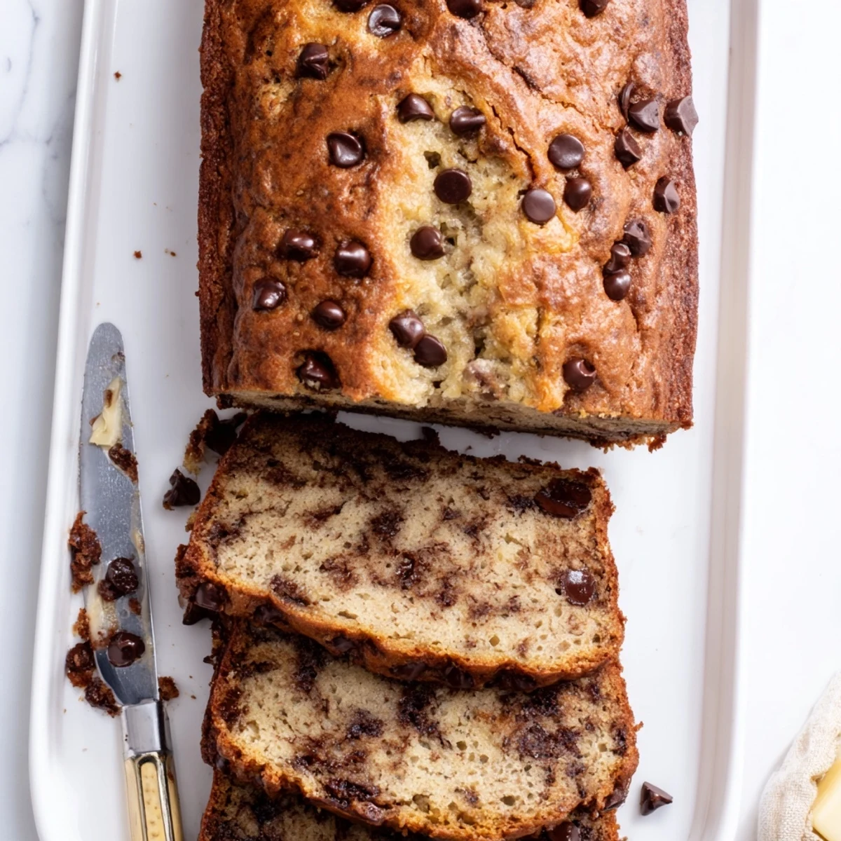 Freshly baked chocolate chip banana bread cooling on a wire rack with a golden brown crust