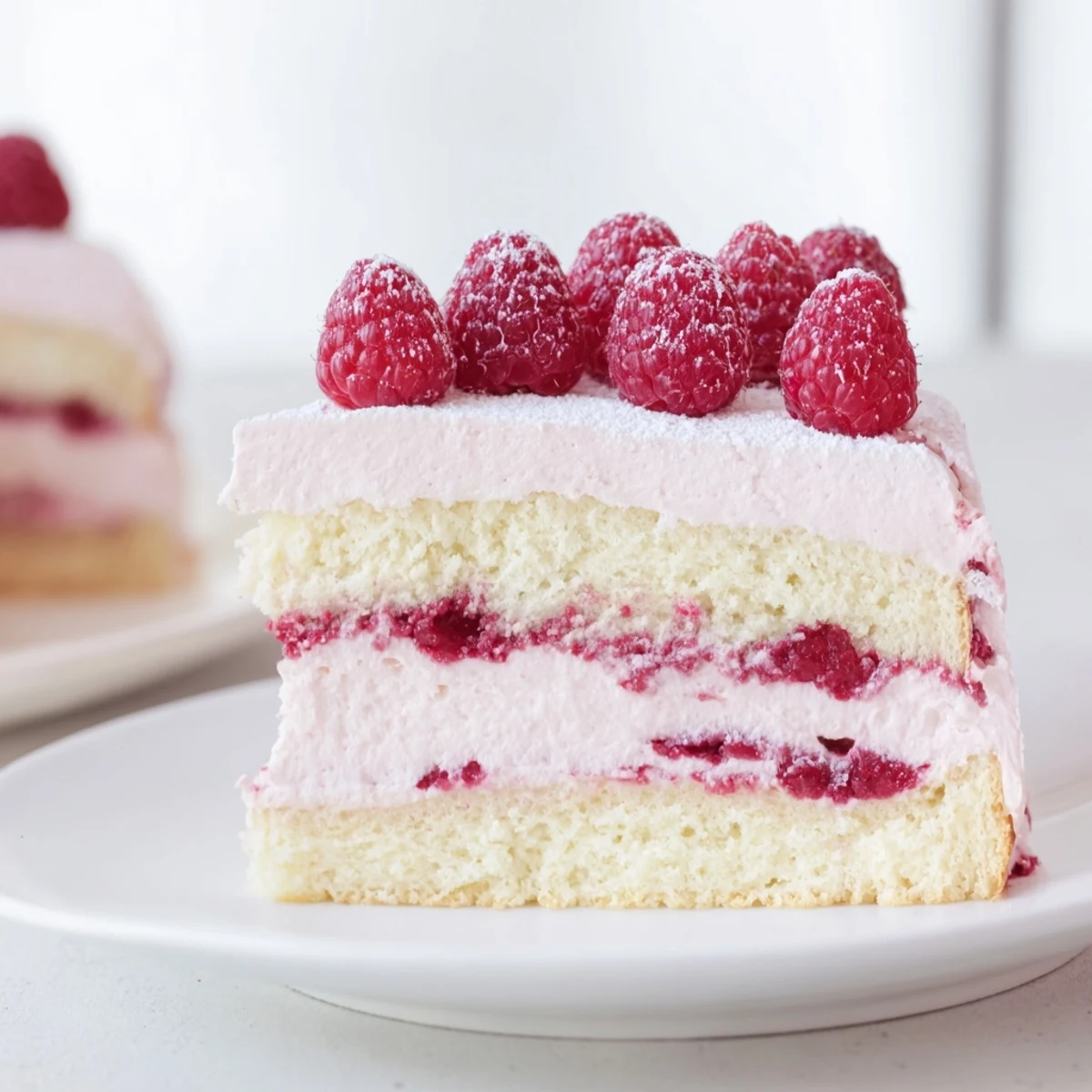 Elegant raspberry mousse cake with fluffy almond sponge and fresh berry topping
