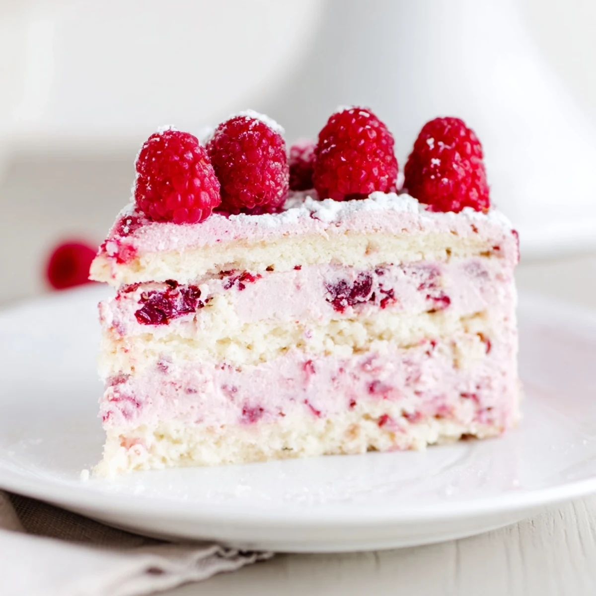 Creamy raspberry mousse layered on golden almond sponge base with garnish